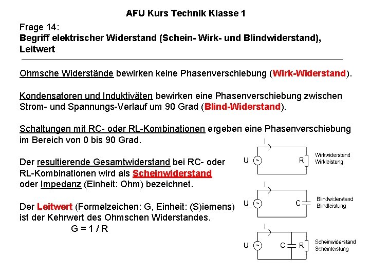 AFU Kurs Technik Klasse 1 Frage 14: Begriff elektrischer Widerstand (Schein- Wirk- und Blindwiderstand),