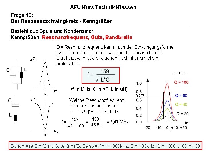 AFU Kurs Technik Klasse 1 Frage 18: Der Resonanzschwingkreis - Kenngrößen Besteht aus Spule