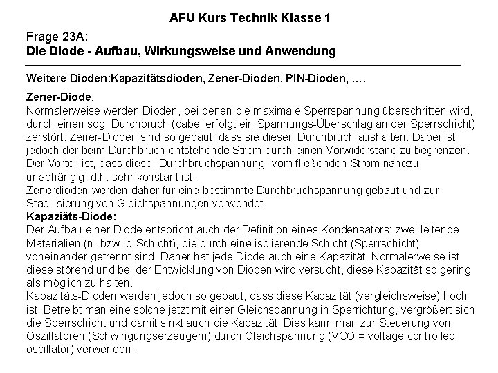 AFU Kurs Technik Klasse 1 Frage 23 A: Die Diode - Aufbau, Wirkungsweise und