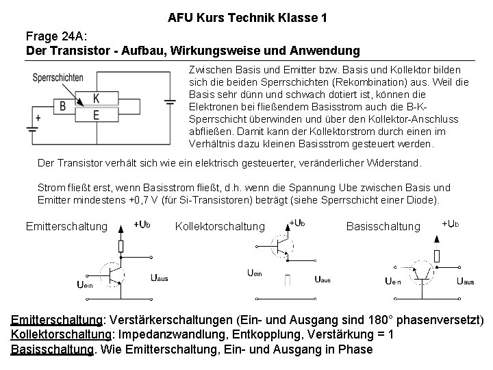 AFU Kurs Technik Klasse 1 Frage 24 A: Der Transistor - Aufbau, Wirkungsweise und