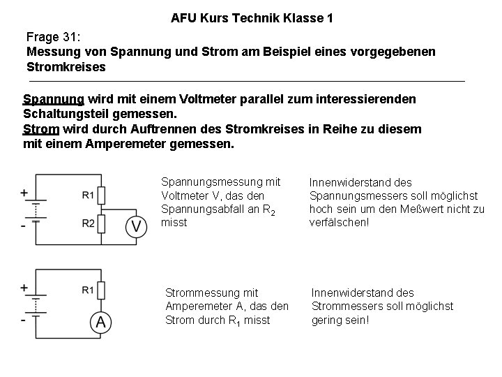 AFU Kurs Technik Klasse 1 Frage 31: Messung von Spannung und Strom am Beispiel