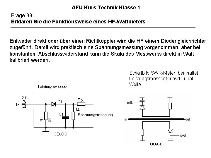 AFU Kurs Technik Klasse 1 Frage 33: Erklären Sie die Funktionsweise eines HF-Wattmeters Entweder