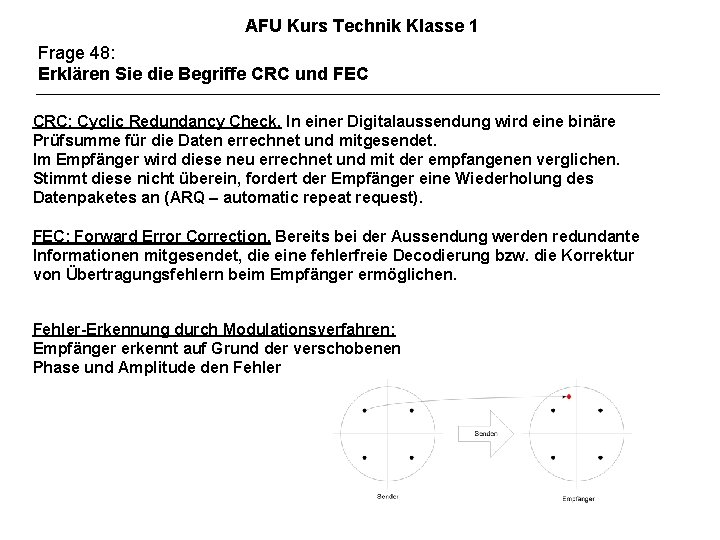 AFU Kurs Technik Klasse 1 Frage 48: Erklären Sie die Begriffe CRC und FEC