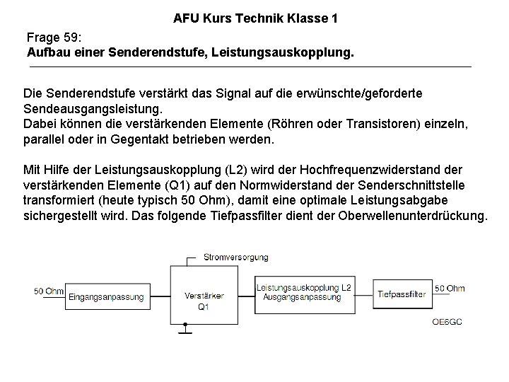 AFU Kurs Technik Klasse 1 Frage 59: Aufbau einer Senderendstufe, Leistungsauskopplung. Die Senderendstufe verstärkt