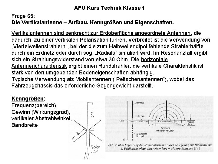 AFU Kurs Technik Klasse 1 Frage 65: Die Vertikalantenne – Aufbau, Kenngrößen und Eigenschaften.