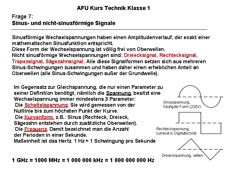 AFU Kurs Technik Klasse 1 Frage 7: Sinus- und nicht-sinusförmige Signale Sinusförmige Wechselspannungen haben