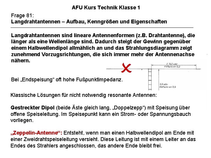 AFU Kurs Technik Klasse 1 Frage 81: Langdrahtantennen – Aufbau, Kenngrößen und Eigenschaften Langdrahtantennen