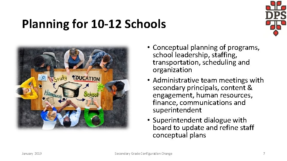 Planning for 10 -12 Schools • Conceptual planning of programs, school leadership, staffing, transportation,