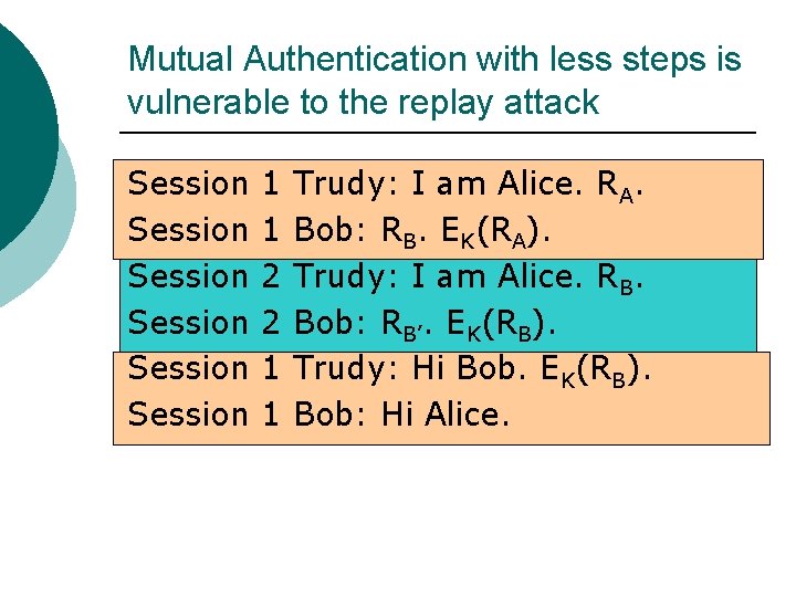 Mutual Authentication with less steps is vulnerable to the replay attack Session Session 1