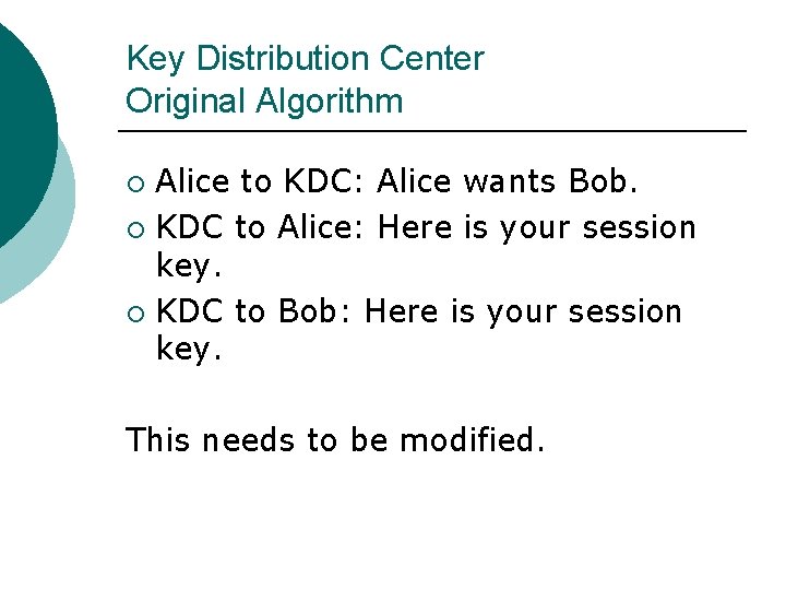 Key Distribution Center Original Algorithm Alice to KDC: Alice wants Bob. ¡ KDC to