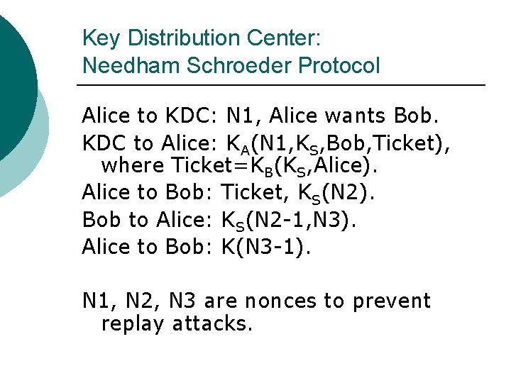 Key Distribution Center: Needham Schroeder Protocol Alice to KDC: N 1, Alice wants Bob.