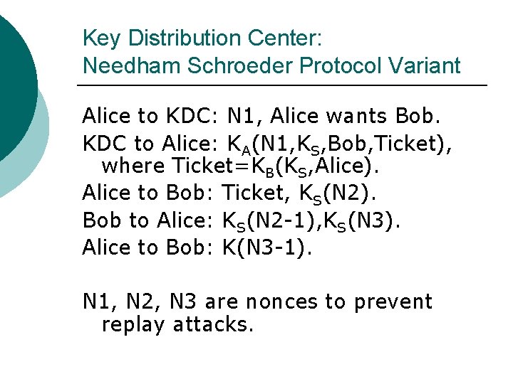 Key Distribution Center: Needham Schroeder Protocol Variant Alice to KDC: N 1, Alice wants