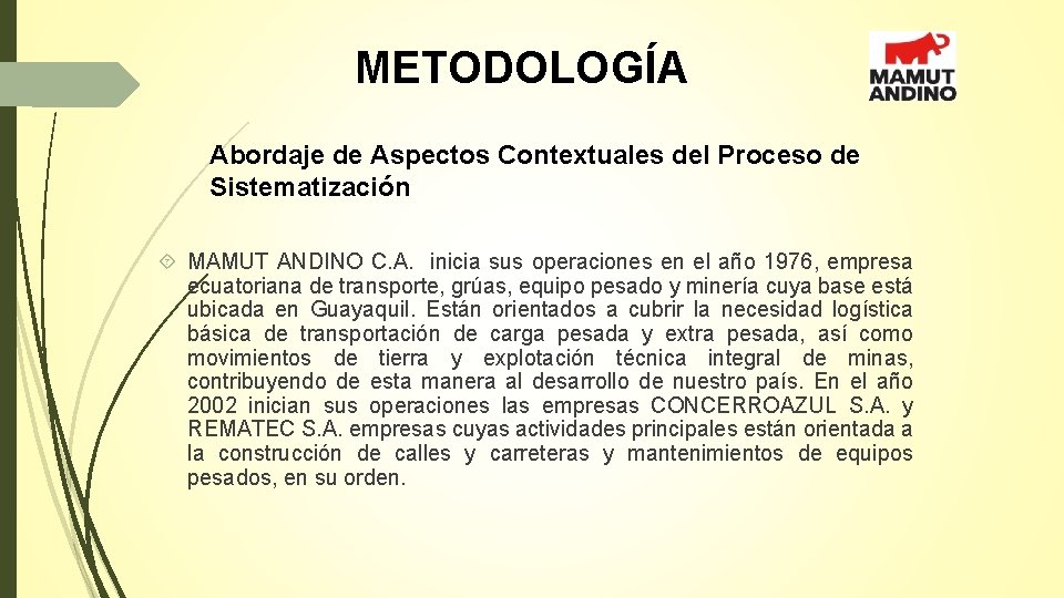 METODOLOGÍA Abordaje de Aspectos Contextuales del Proceso de Sistematización MAMUT ANDINO C. A. inicia