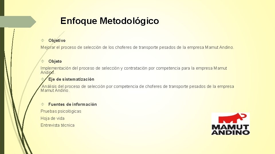 Enfoque Metodológico Objetivo Mejorar el proceso de selección de los choferes de transporte pesados Enfoque Metodológico Objetivo Mejorar el proceso de selección de los choferes de transporte pesados