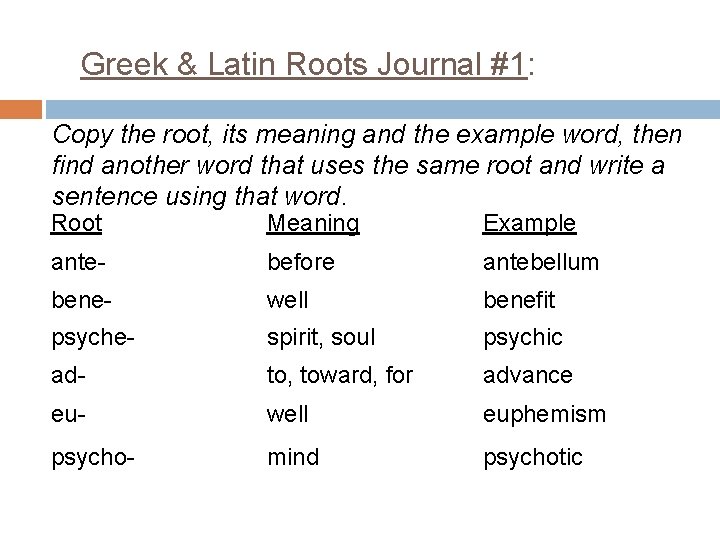 Greek & Latin Roots Journal #1: Copy the root, its meaning and the example