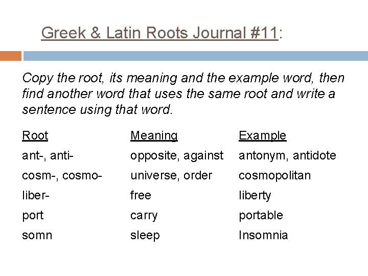 Greek & Latin Roots Journal #11: Copy the root, its meaning and the example