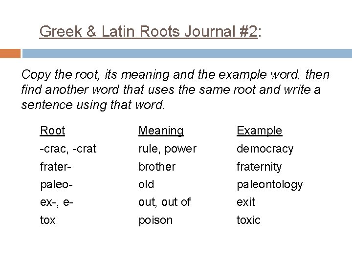 Greek & Latin Roots Journal #2: Copy the root, its meaning and the example