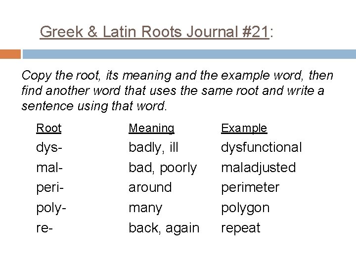 Greek & Latin Roots Journal #21: Copy the root, its meaning and the example