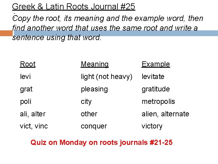 Greek & Latin Roots Journal #25 : Copy the root, its meaning and the