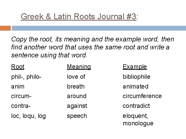 Greek & Latin Roots Journal #3: Copy the root, its meaning and the example