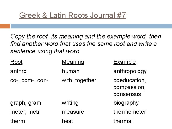 Greek & Latin Roots Journal #7: Copy the root, its meaning and the example