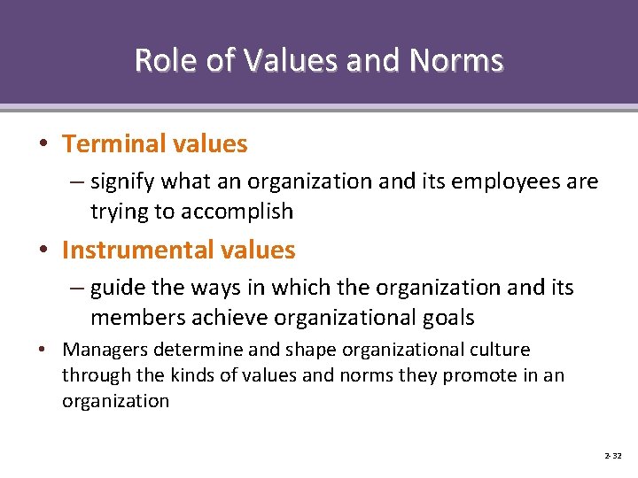 Role of Values and Norms • Terminal values – signify what an organization and