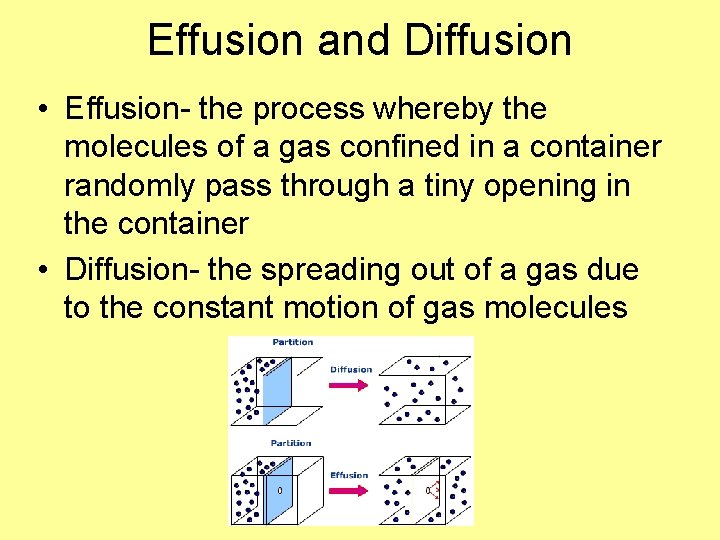 Effusion and Diffusion • Effusion- the process whereby the molecules of a gas confined