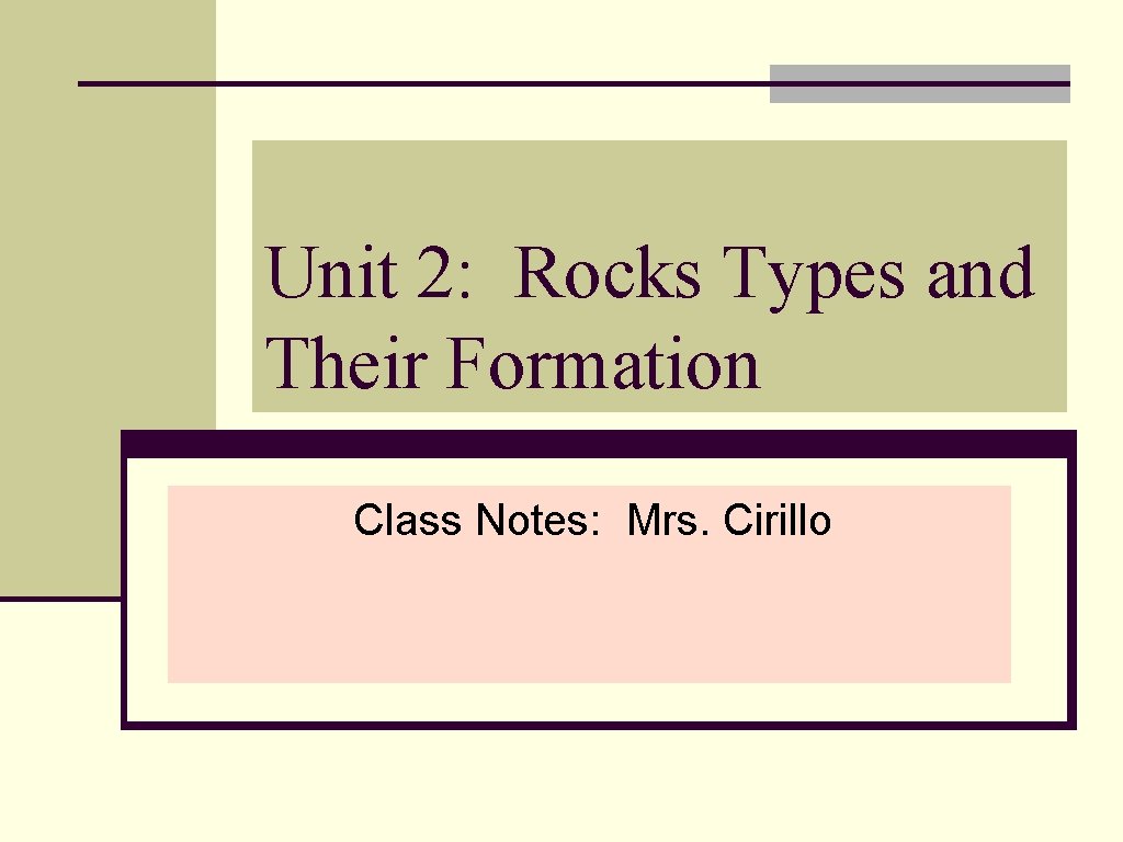 Unit 2: Rocks Types and Their Formation Class Notes: Mrs. Cirillo Unit 2: Rocks Types and Their Formation Class Notes: Mrs. Cirillo