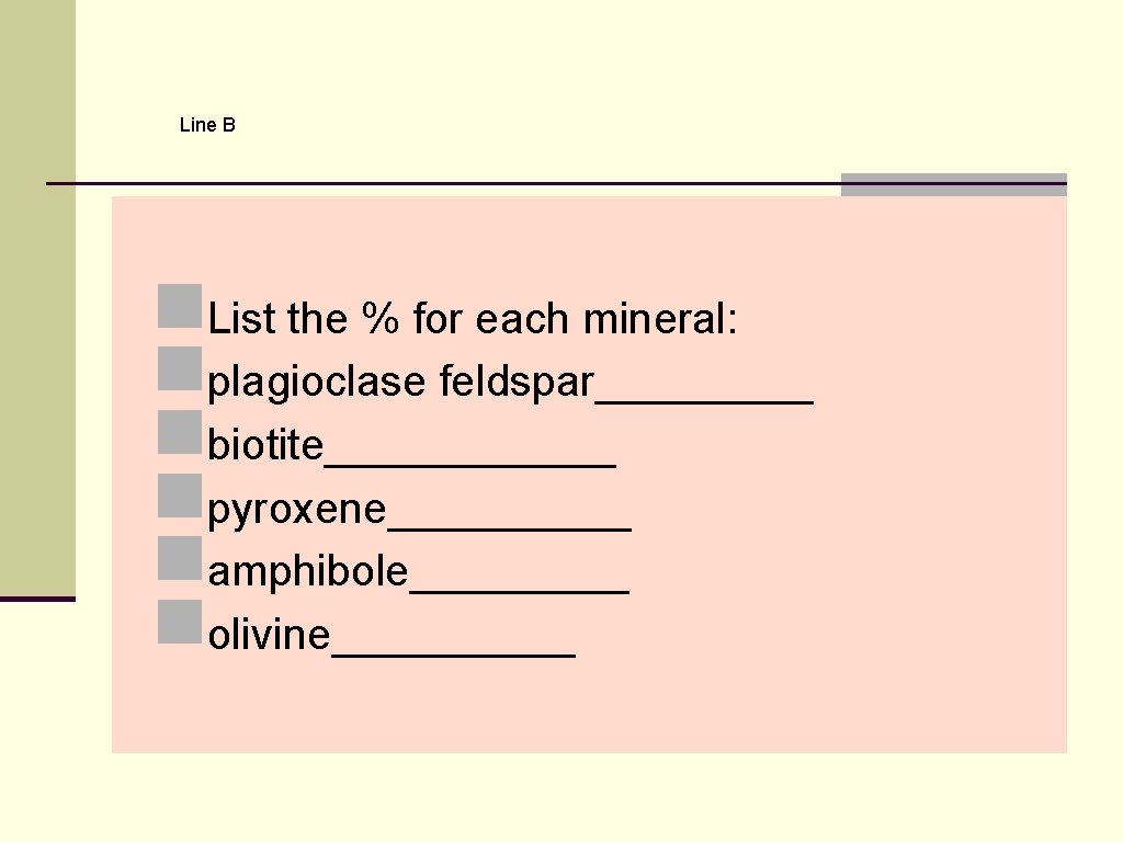 Line B n. List the % for each mineral: nplagioclase feldspar_____ nbiotite______ npyroxene_____ namphibole_____ Line B n. List the % for each mineral: nplagioclase feldspar_____ nbiotite______ npyroxene_____ namphibole_____