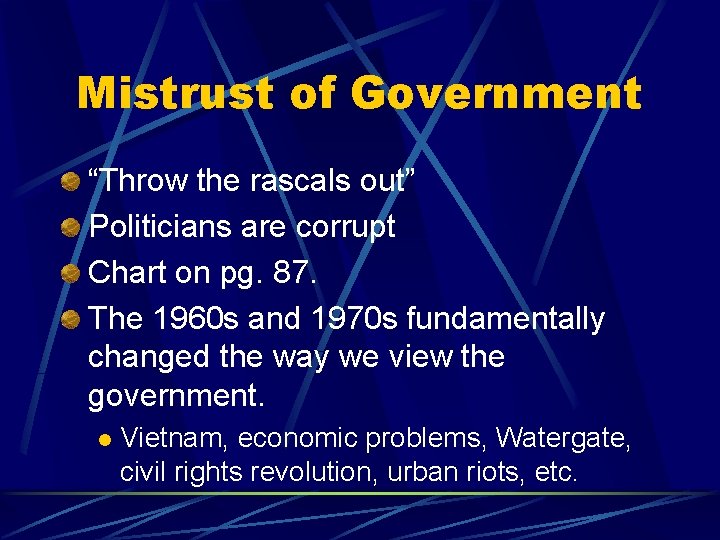 Mistrust of Government “Throw the rascals out” Politicians are corrupt Chart on pg. 87.