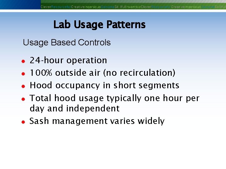 Lab Usage Patterns Usage Based Controls ® ® ® 24‐hour operation 100% outside air Lab Usage Patterns Usage Based Controls ® ® ® 24‐hour operation 100% outside air