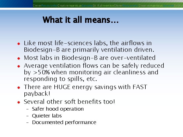 What it all means… ® ® ® Like most life-sciences labs, the airflows in What it all means… ® ® ® Like most life-sciences labs, the airflows in