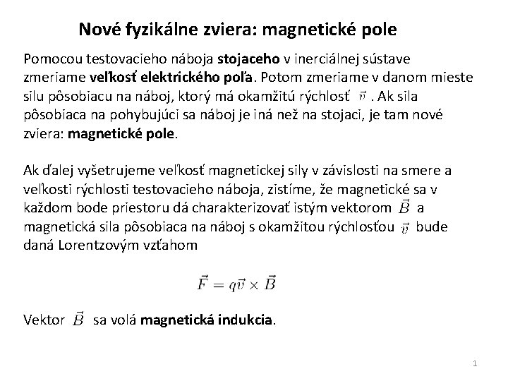 Nové fyzikálne zviera: magnetické pole Pomocou testovacieho náboja stojaceho v inerciálnej sústave zmeriame veľkosť