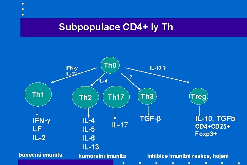 Subpopulace CD 4+ ly Th Th 0 IFN-y IL-12 ? IL-4 Th 1 IFN-