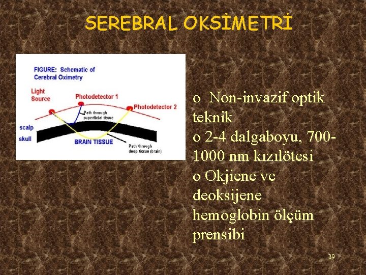 SEREBRAL OKSİMETRİ o Non-invazif optik teknik o 2 -4 dalgaboyu, 7001000 nm kızılötesi o