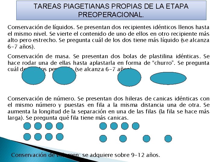 TAREAS PIAGETIANAS PROPIAS DE LA ETAPA PREOPERACIONAL. Conservación de líquidos. Se presentan dos recipientes