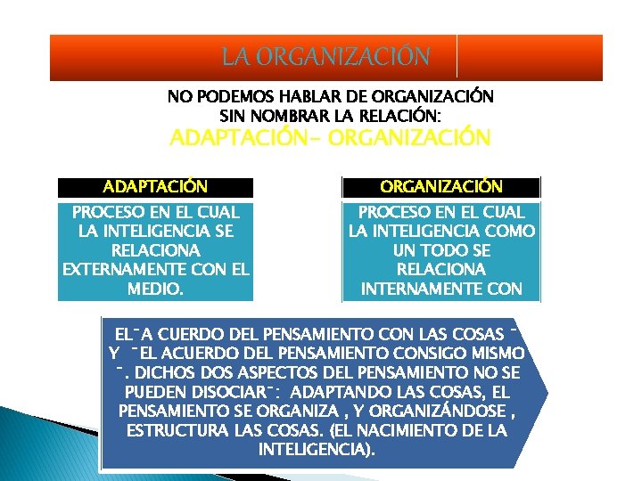 LA ORGANIZACIÓN NO PODEMOS HABLAR DE ORGANIZACIÓN SIN NOMBRAR LA RELACIÓN: ADAPTACIÓN- ORGANIZACIÓN ADAPTACIÓN