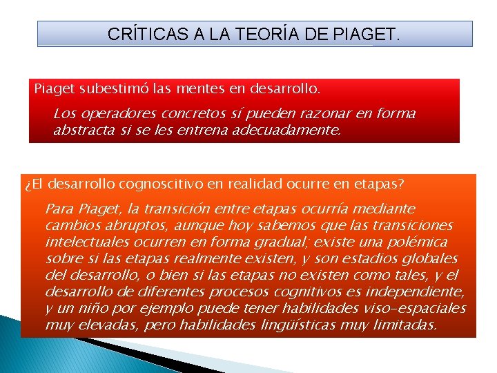 CRÍTICAS A LA TEORÍA DE PIAGET. Piaget subestimó las mentes en desarrollo. Los operadores