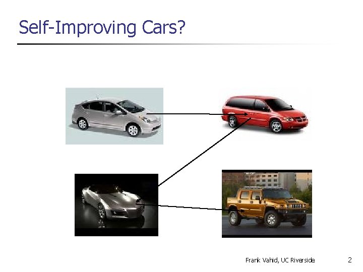 Self-Improving Cars? Frank Vahid, UC Riverside 2 