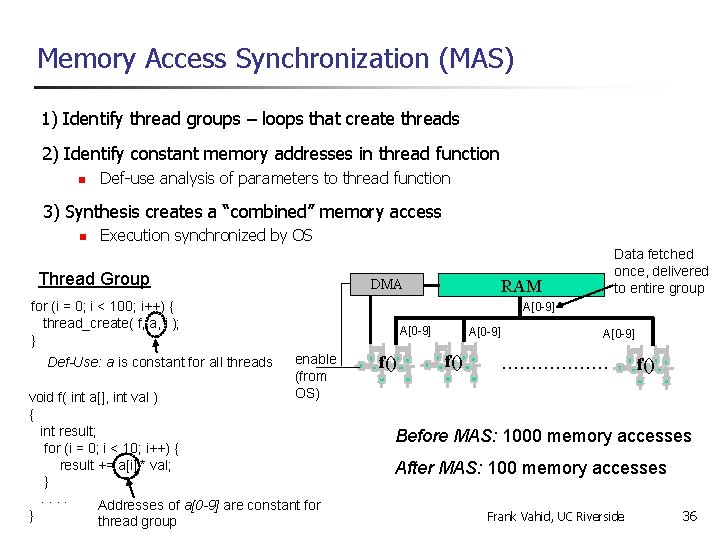 Memory Access Synchronization (MAS) 1) Identify thread groups – loops that create threads 2)
