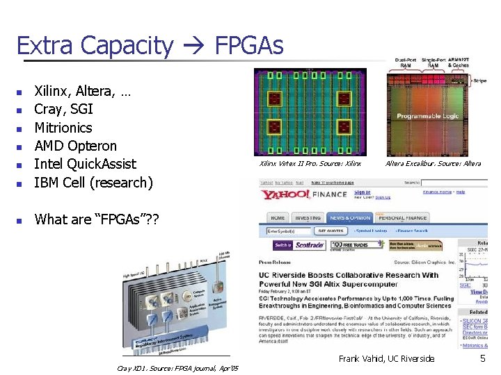 Extra Capacity FPGAs n Xilinx, Altera, … Cray, SGI Mitrionics AMD Opteron Intel Quick.