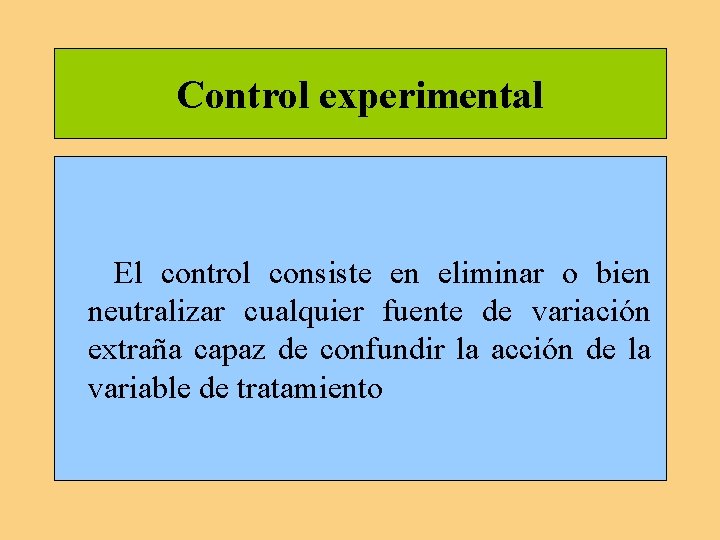 Control experimental El control consiste en eliminar o bien neutralizar cualquier fuente de variación