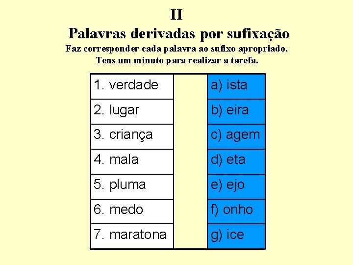 II Palavras derivadas por sufixação Faz corresponder cada palavra ao sufixo apropriado. Tens um