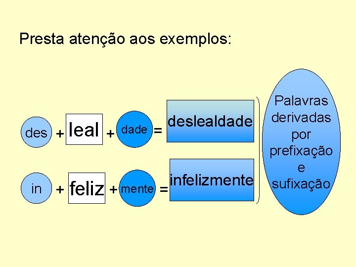 Presta atenção aos exemplos: des + leal + in + dade = deslealdade feliz