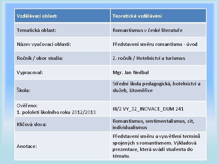 Vzdělávací oblast: Teoretické vzdělávání Tematická oblast: Romantismus v české literatuře Název vyučovací oblasti: Představení