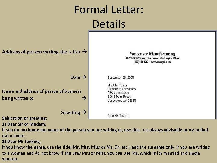 Formal Letter: Details Address of person writing the letter Date Name and address of