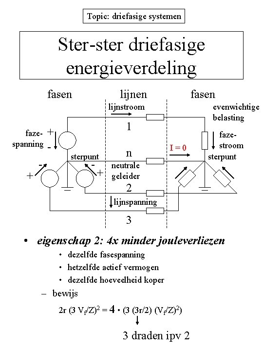 Topic: driefasige systemen Ster-ster driefasige energieverdeling fasen lijnen fasen lijnstroom fazespanning + - evenwichtige