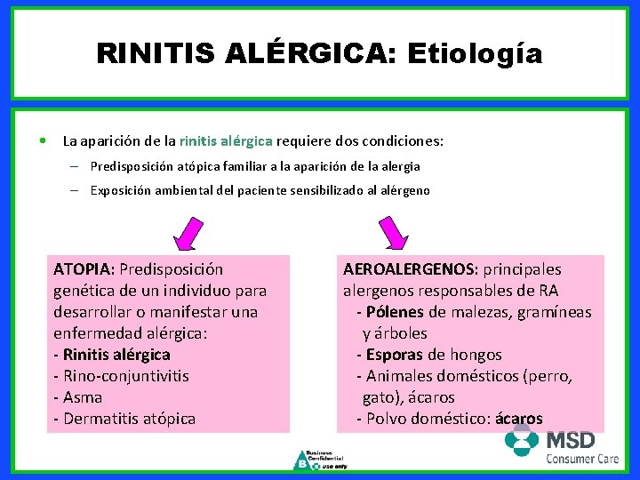 RINITIS ALÉRGICA: Etiología • La aparición de la rinitis alérgica requiere dos condiciones: –