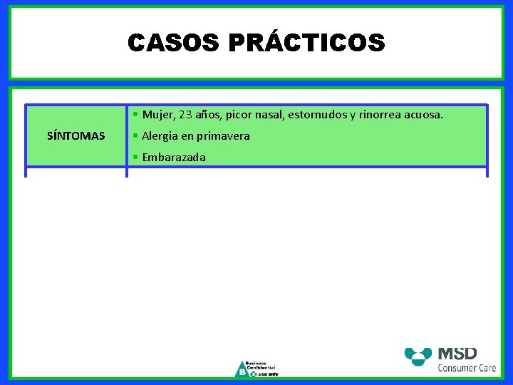 CASOS PRÁCTICOS • Mujer, 23 años, picor nasal, estornudos y rinorrea acuosa. SÍNTOMAS •