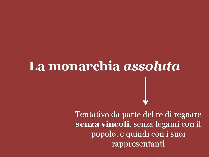 La monarchia assoluta Tentativo da parte del re di regnare senza vincoli, senza legami